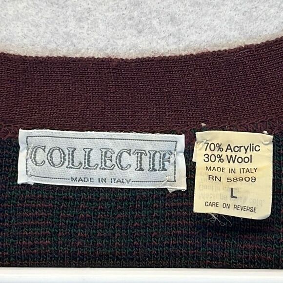 Vtg COLLECTIF Men’s Sweater Vest Wool Blend Button Front Plaid Burgundy Green L - Picture 4 of 11